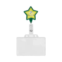 Retractable badge reel in star shape with logo. - Retractable badge reel in star shape with logo.