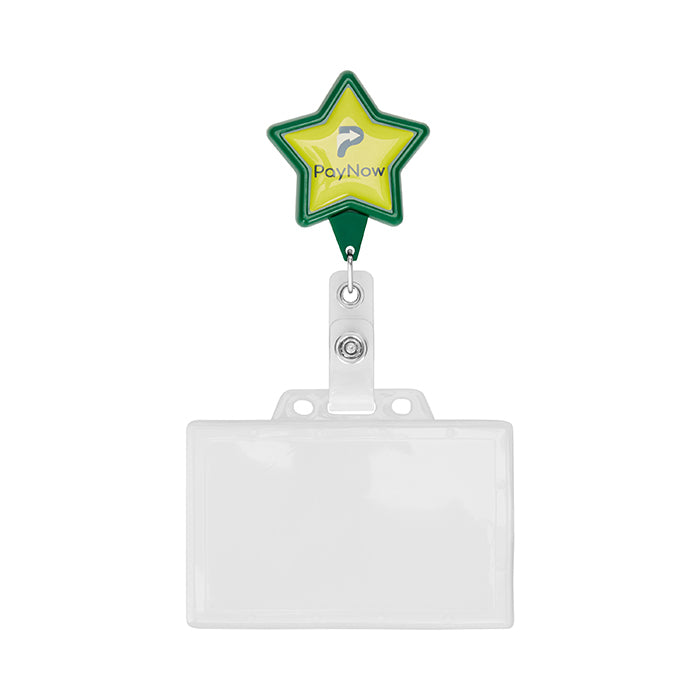Retractable badge reel in star shape with logo. - Retractable badge reel in star shape with logo.