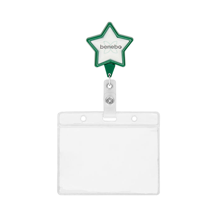 Retractable badge reel in star shape with logo. - Retractable badge reel in star shape with logo.