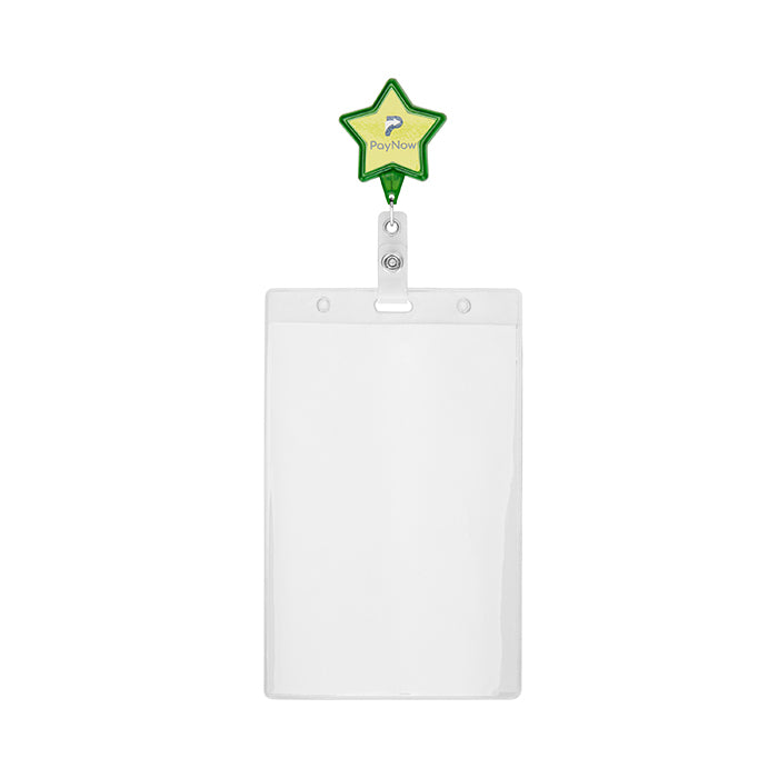 Retractable badge reel in star shape with logo. - Retractable badge reel in star shape with logo.