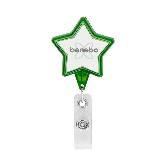 Retractable badge reel in star shape with logo. - Retractable badge reel in star shape with logo.