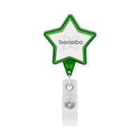 Retractable badge reel in star shape with logo. - Retractable badge reel in star shape with logo.