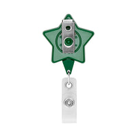 Retractable badge reel in star shape with logo. - Retractable badge reel in star shape with logo.