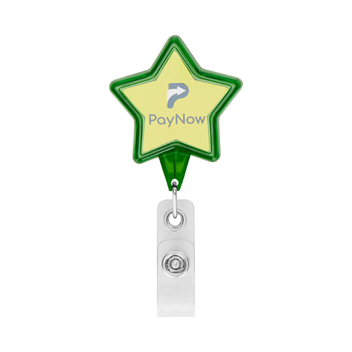 Retractable badge reel in star shape with logo. - Retractable badge reel in star shape with logo.