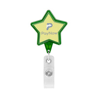 Retractable badge reel in star shape with logo. - Retractable badge reel in star shape with logo.