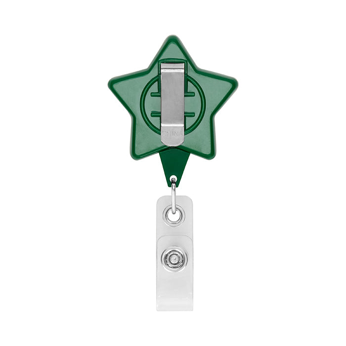 Retractable badge reel in star shape with logo. - Retractable badge reel in star shape with logo.
