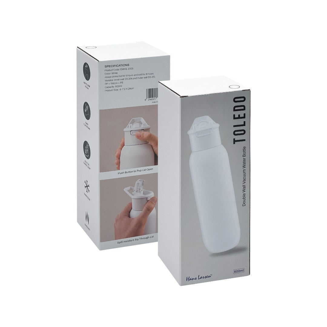 TOLEDO - Hans Larsen Double Wall Bottle with Straw 600 ml - White