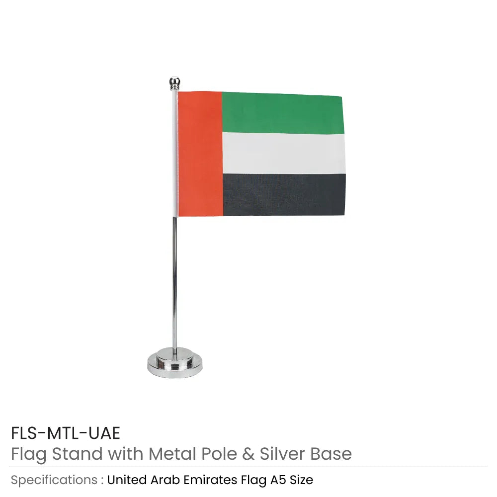 A5 UAE Flag with Metal Pole and Silver Base -